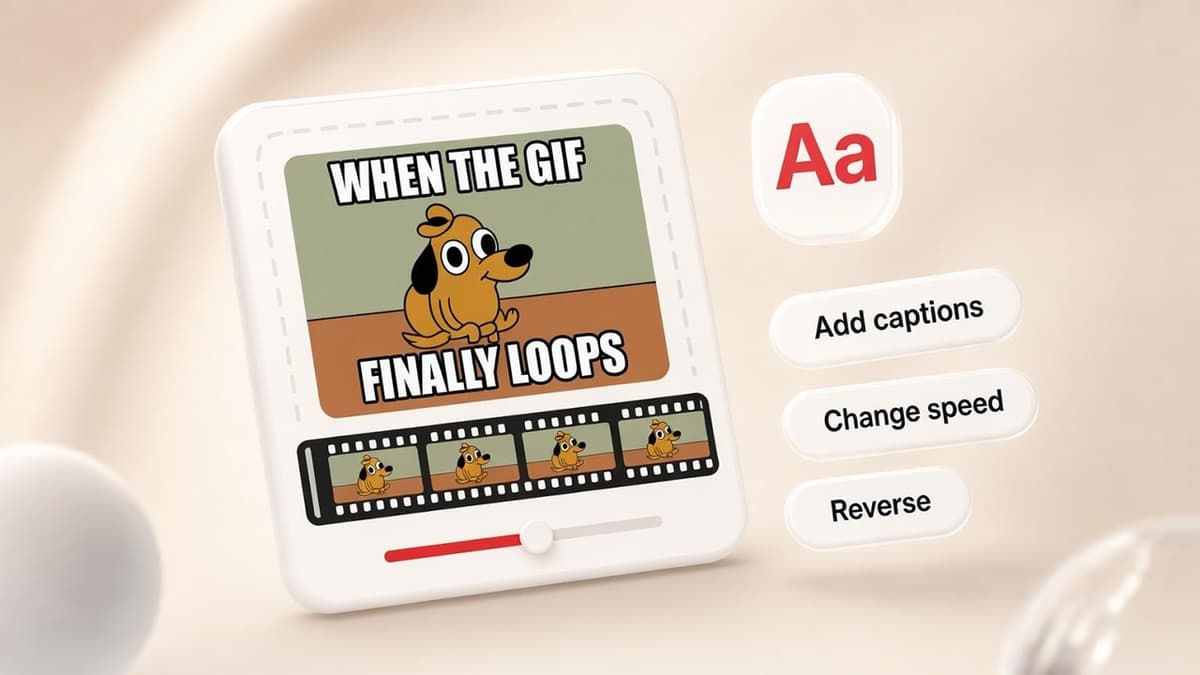 GIF editor with captions, a frame timeline, and speed control