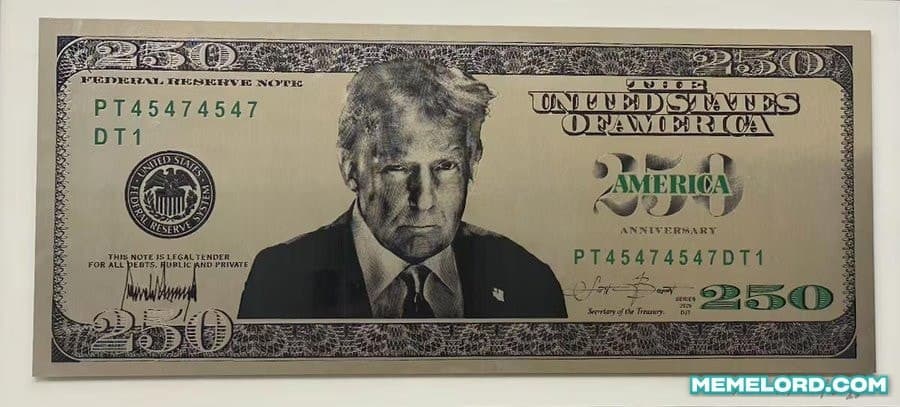 A digitally edited landscape image of a faux $250 United States banknote with Donald Trump’s portrait in the center, ornate borders, green serial-style lettering, America 250 anniversary graphics, and a MemeLord.com watermark at the lower right.