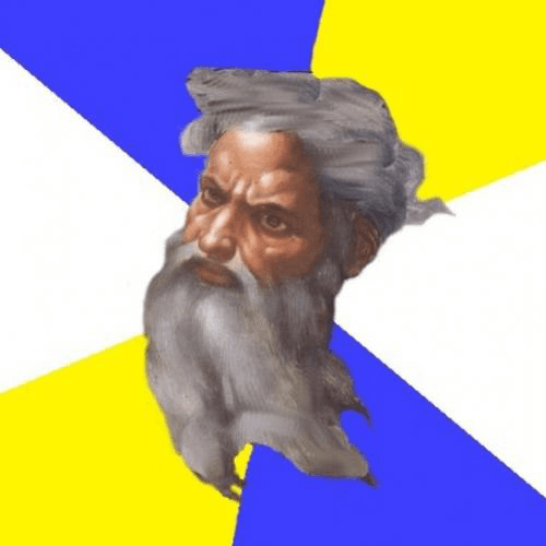 A stern, bearded Renaissance-style depiction of God centered over a bold blue, yellow, and white diagonal geometric background.