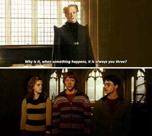 A two-panel film still shows Professor McGonagall standing in a Hogwarts room above Hermione Granger, Ron Weasley, and Harry Potter standing together beneath her. White subtitle text at the bottom of the upper panel asks why something is always happening to the three students.