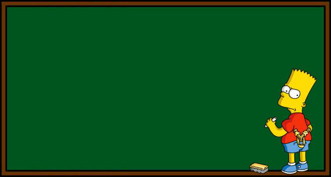 Bart Simpson stands on the right side of a large blank dark-green classroom chalkboard, holding chalk and facing the board; a chalk eraser rests along the bottom edge.