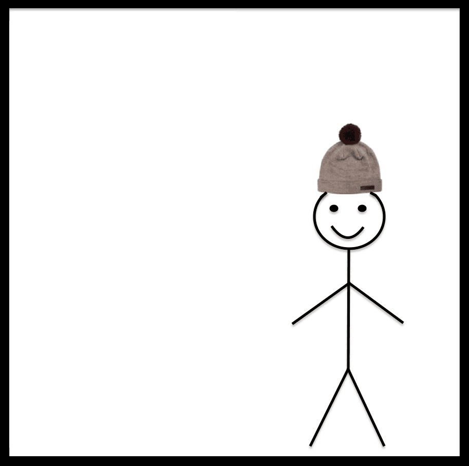 A smiling stick figure wearing a gray knit beanie stands on the right side of a mostly blank white image, leaving a large open area on the left for caption text.