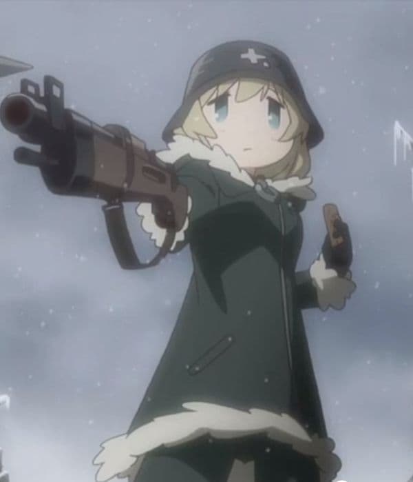 Anime-style character pointing a handgun at the camera.