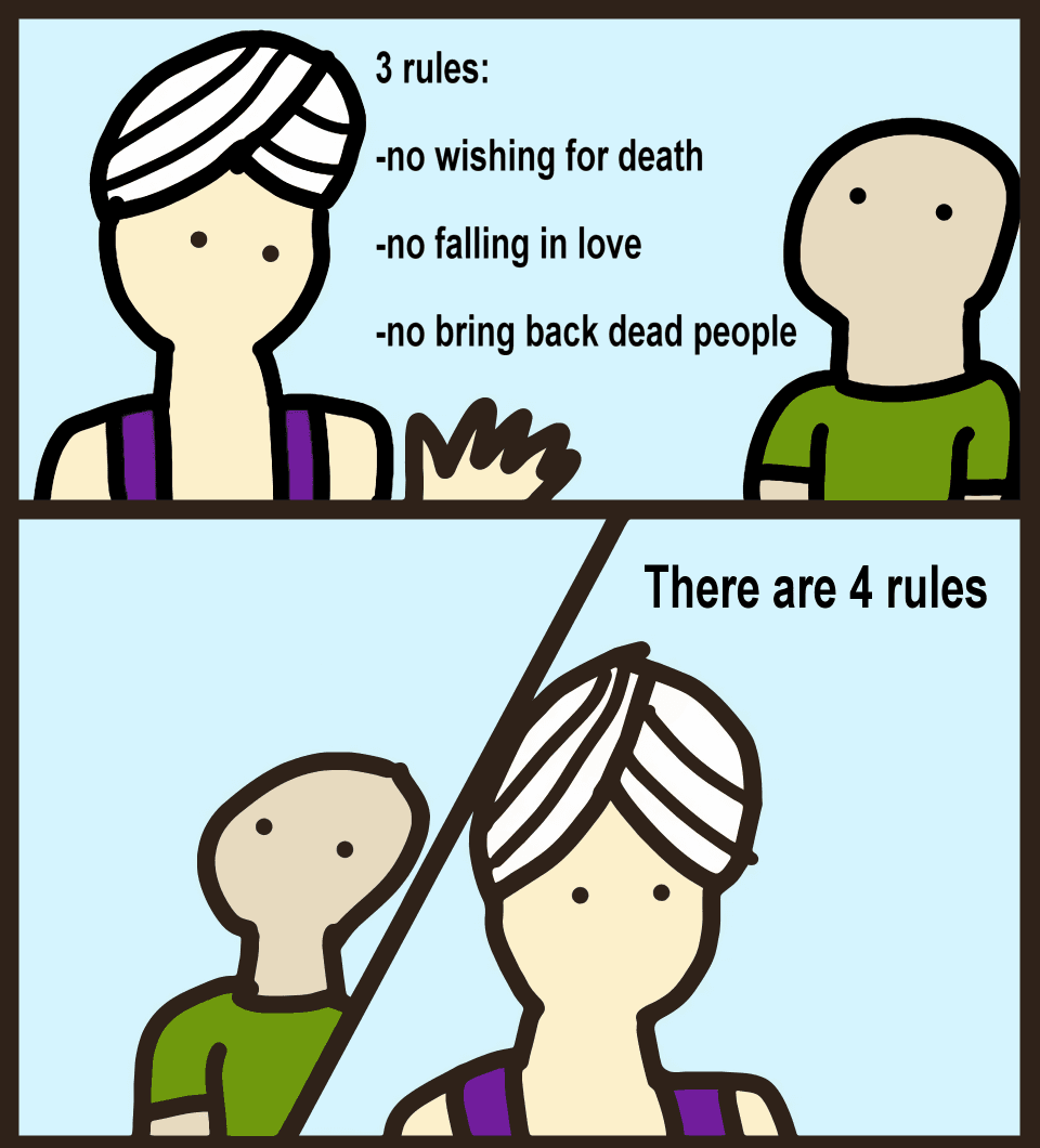 A simple two-panel cartoon shows a genie explaining three wish restrictions to a person: no wishing for death, no falling in love, and no bringing back dead people. In the lower panel, the genie announces that there are four rules while the person reacts beside him.