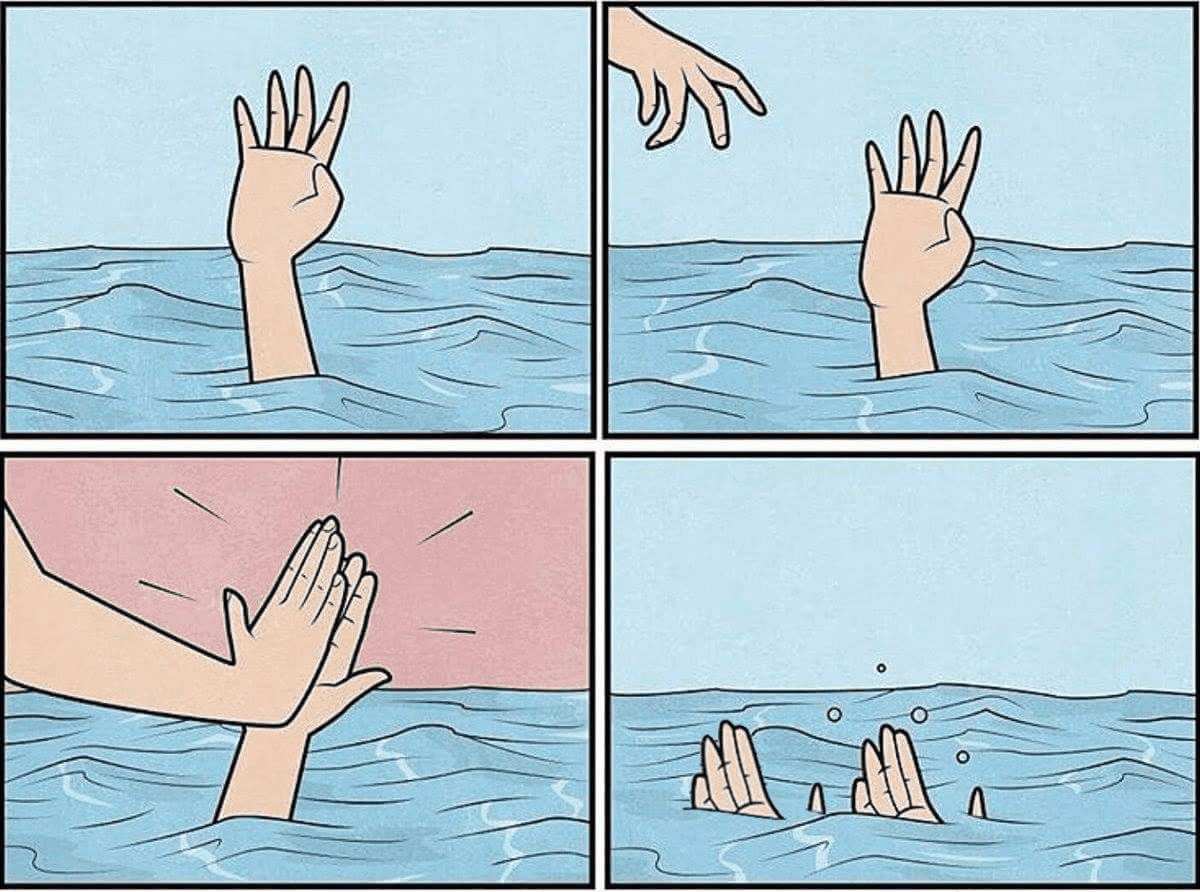A four-panel cartoon shows a hand rising from the ocean, another hand reaching toward it, the two hands making a high five, and both hands sinking beneath the waves with only fingertips visible.