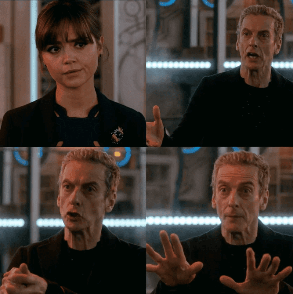 A four-panel Doctor Who scene shows Clara Oswald looking skeptical in the upper-left panel and the Twelfth Doctor gesturing with increasing intensity in the other three panels.