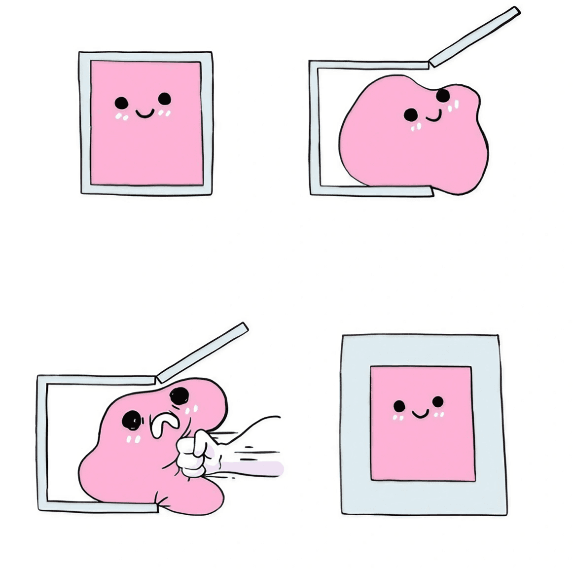 Four-panel cartoon showing a smiling pink square inside a pale blue frame, expanding into an irregular pink blob outside the frame, being struck or pushed back by a gloved hand, and returning as a smiling square inside the frame.