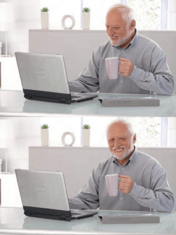 Two-panel stock photo of an older white-haired man with a beard using a laptop while holding a pink mug.