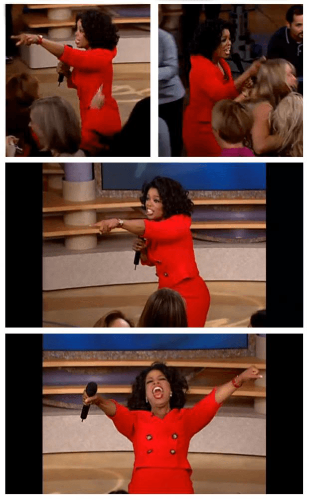 A three-row collage shows Oprah Winfrey in a bright red outfit holding a microphone: two side-by-side pointing shots on top, a wide pointing shot in the middle, and a wide celebration with arms raised at the bottom.