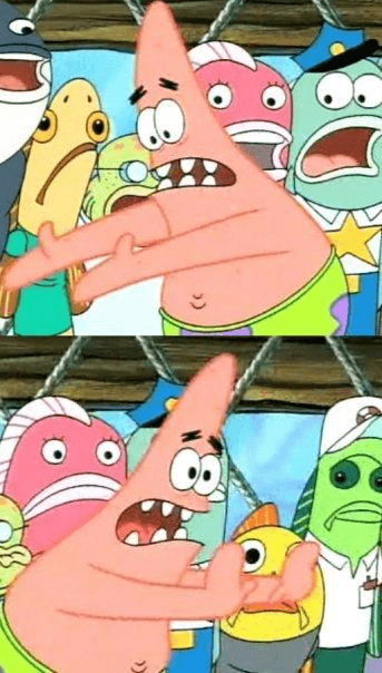 A two-panel SpongeBob scene shows Patrick Star frantically pushing across a crowded group of characters; in the second panel, he continues shoving toward another group while looking alarmed.