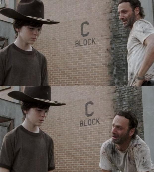 Two vertical panels outside a prison wall marked C BLOCK: Carl in a brown sheriff hat looks down while Rick in a dirty white shirt talks; in the bottom panel Rick leans in close, mouth open, shouting intensely at Carl.