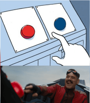 A two-panel image shows a cartoon hand hovering over a large red button beside a blue button, followed by Jim Carrey as Dr. Robotnik grinning and reaching toward a red button inside a vehicle.