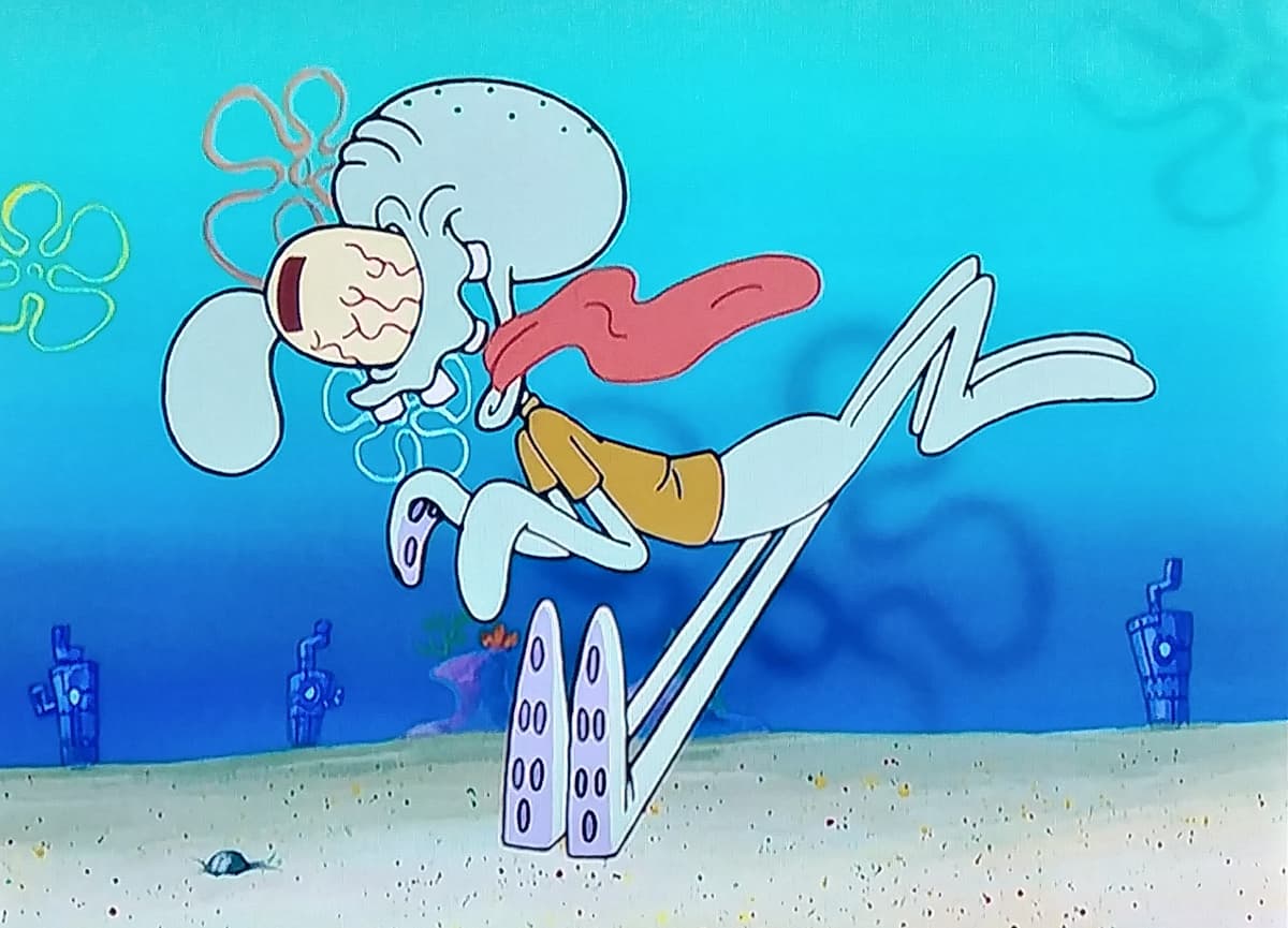 Squidward running meme template image.