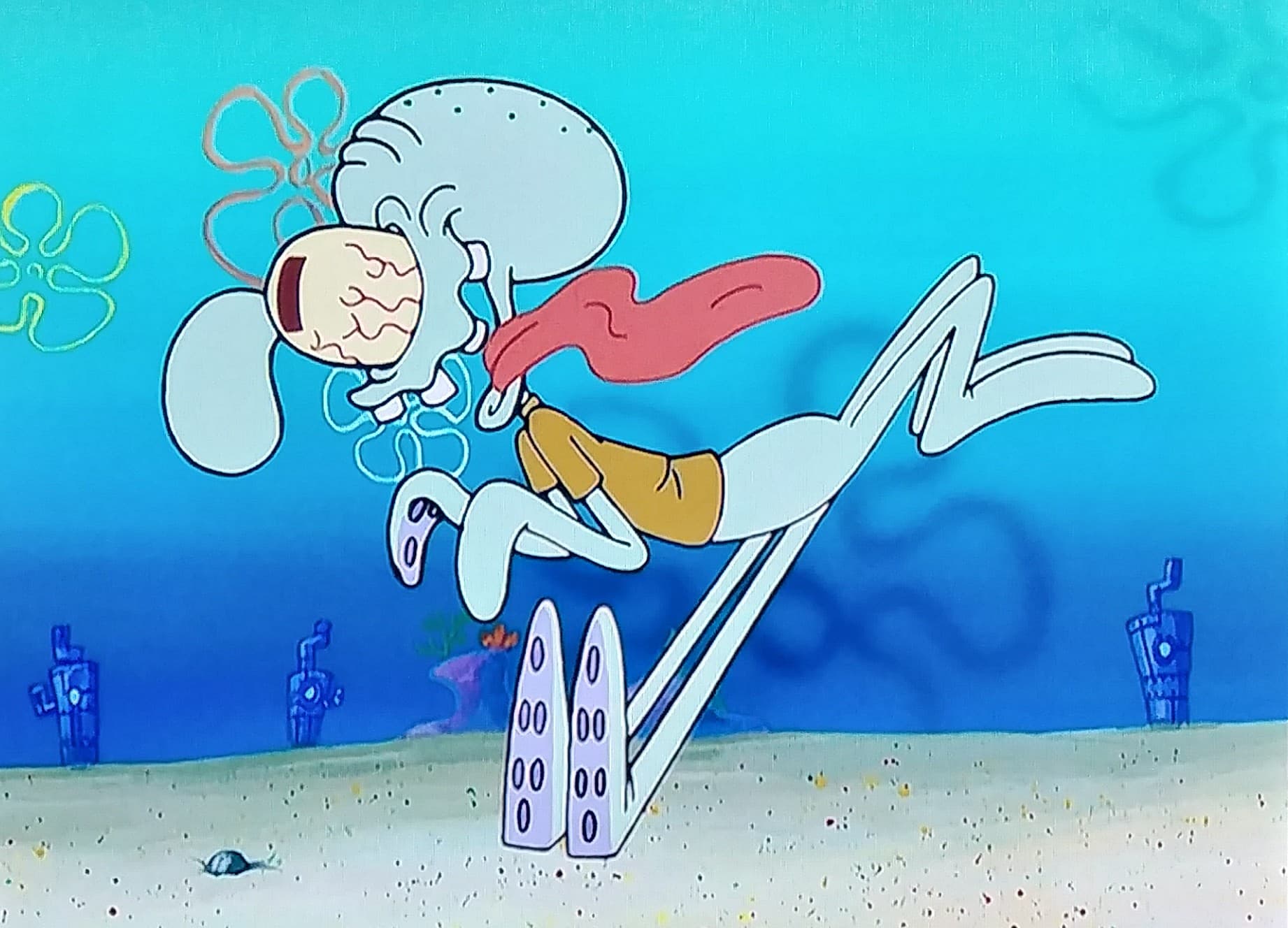 Squidward running meme template image.