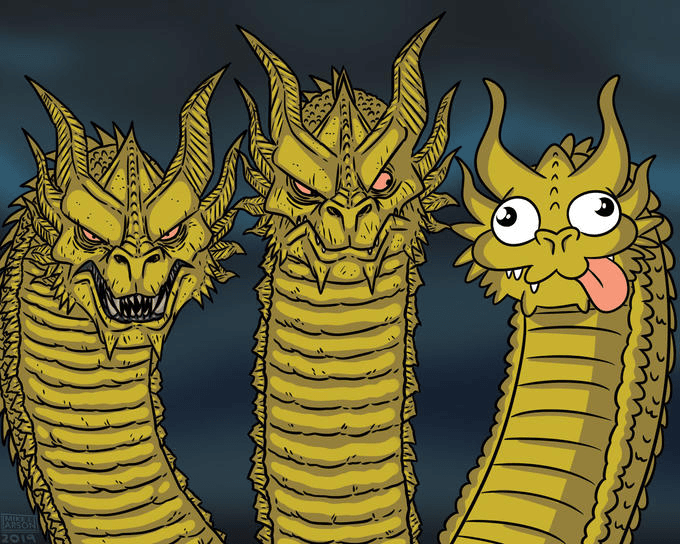 A cartoon three-headed golden dragon fills the image; the left and center heads look fierce and menacing, while the right head has wide googly eyes and its tongue sticking out.