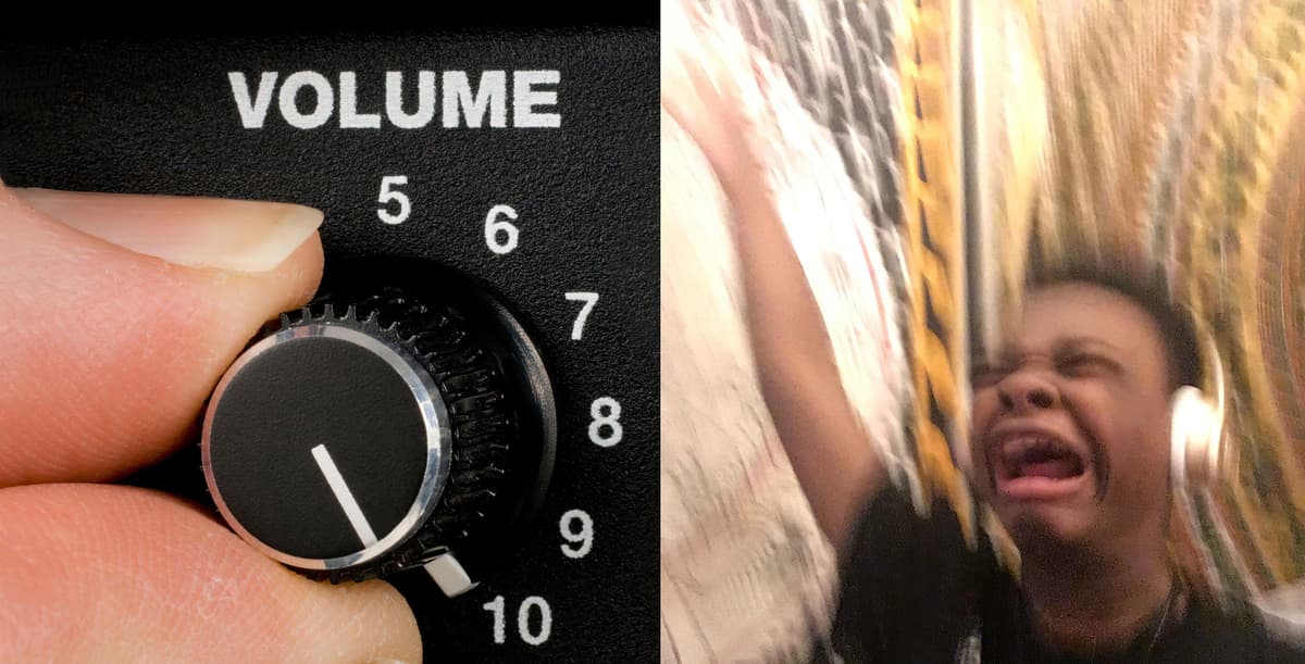 Split image with a close-up hand turning a black volume knob labeled VOLUME on the left and a tearful person wearing headphones on the right.