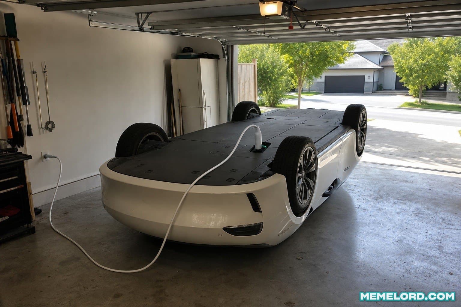 A white electric car is flipped onto its roof in a garage, with all four wheels pointing upward and a charging cable plugged into its underside. The open garage looks out onto a suburban street, and a MEMELORD.COM watermark appears in the lower-right corner.