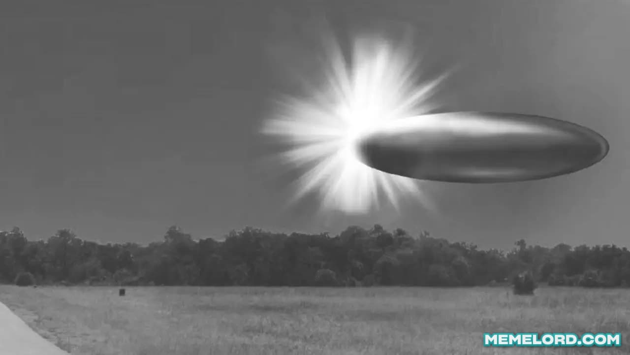 A grainy black-and-white scene shows a large metallic flying saucer in the upper-right sky apparently following a brilliant burst of light, with a tree line and open field below.