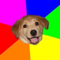 A smiling brown puppy with its mouth open is centered against a bright radial rainbow background divided into colorful wedges.