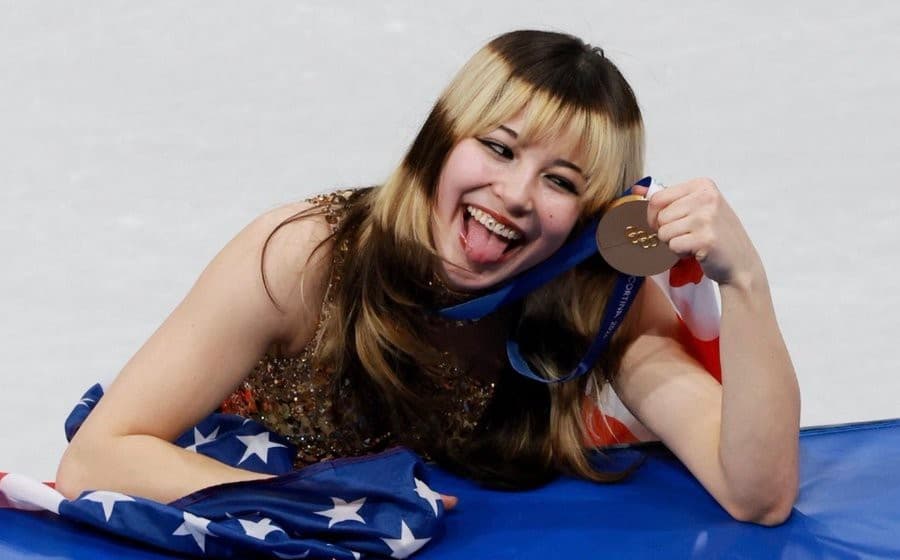 Alysa Liu Biting Her Olympic Medal