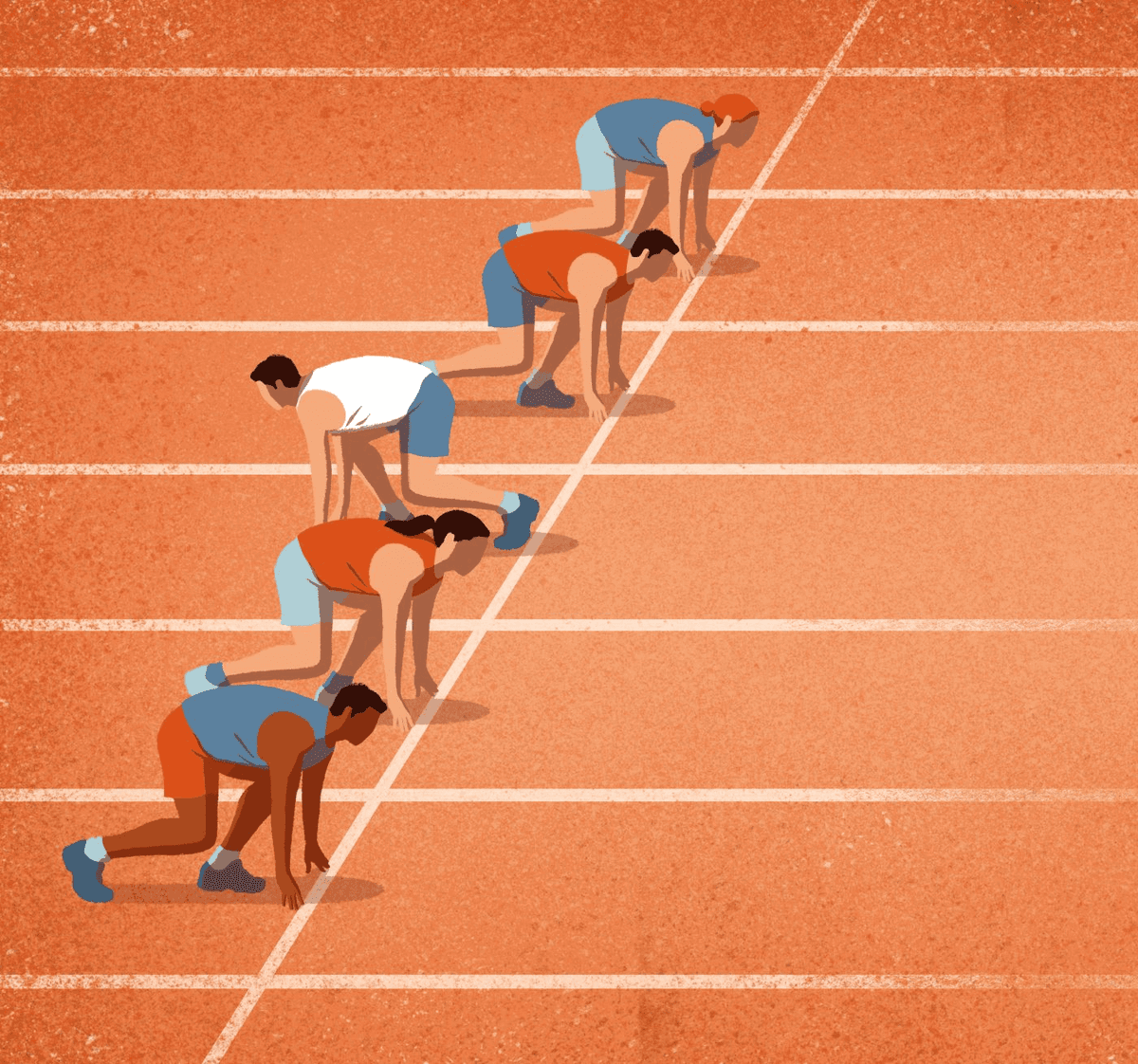 An illustrated orange running track shows five runners crouched in starting positions along a diagonal white line, with each runner positioned at a different distance from the apparent start.