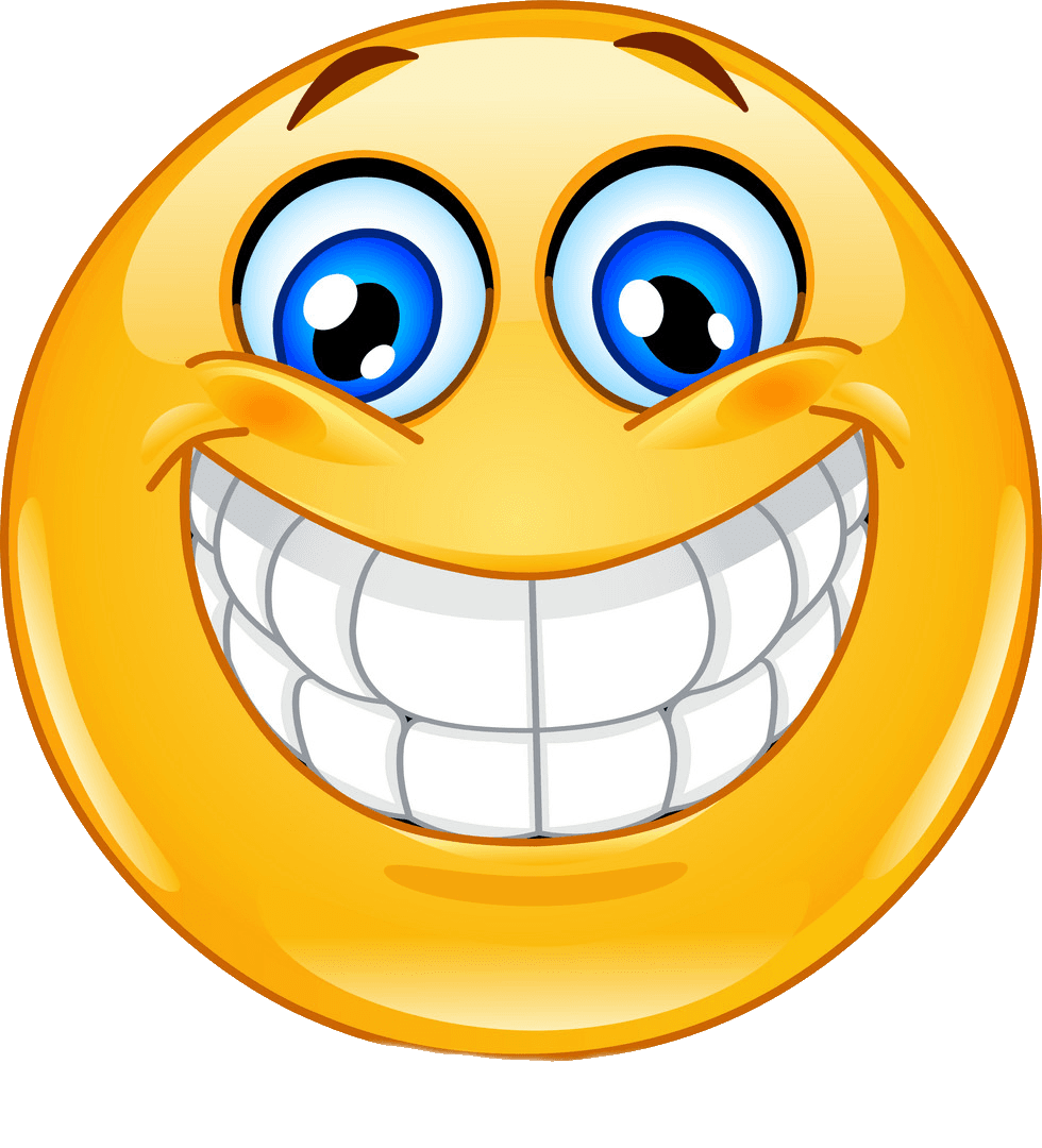 A large yellow emoji with raised brown eyebrows, shiny blue eyes, and an oversized white toothy grin.