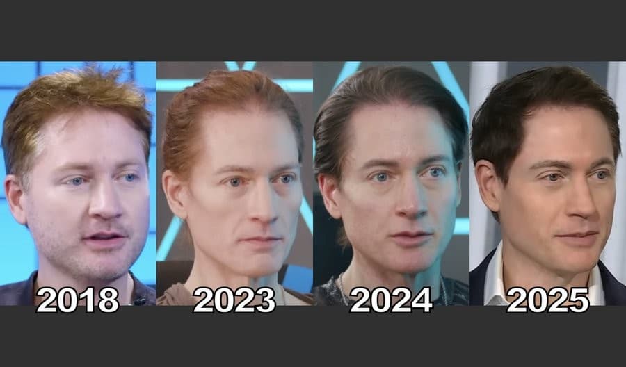 A four-panel image of Bryan Johnson shown in progressively different appearances, with the years 2018, 2023, 2024, and 2025 labeled beneath the portraits.