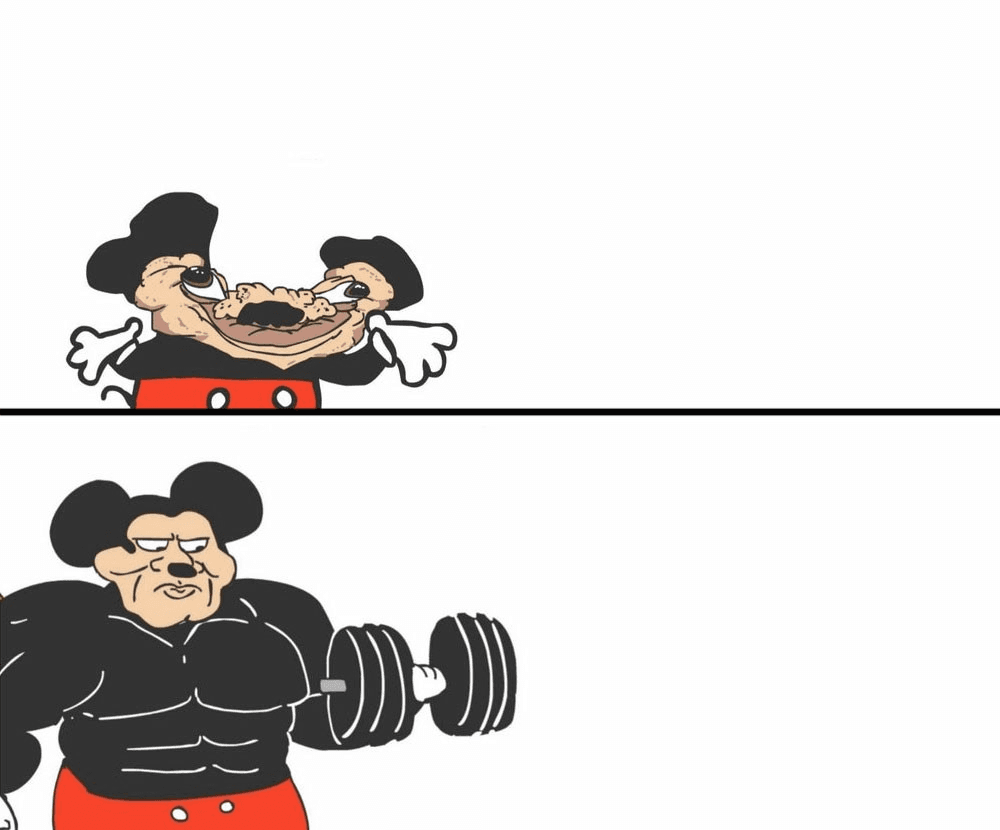 Two stacked cartoon panels. At upper left, a distorted Mokey Mouse parody has a flattened head; at lower left, the same character is heavily muscular and holds a dumbbell. Open white caption space fills the right side of both panels.