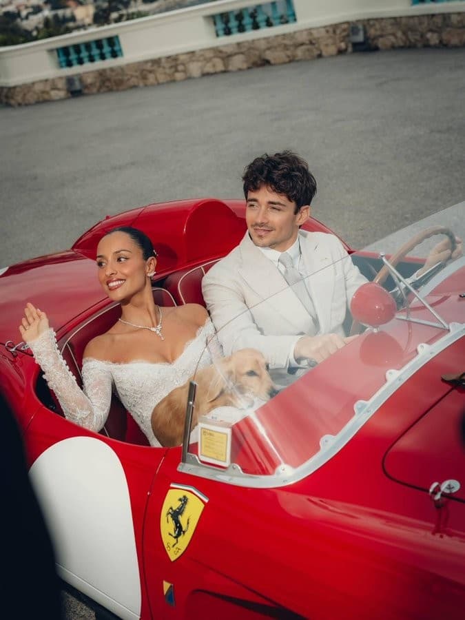 Charles Leclerc And His Bride In A Classic Ferrari