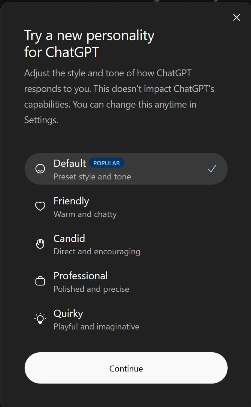 A dark ChatGPT settings dialog titled “Try a new personality for ChatGPT,” with Default selected and a list of Friendly, Candid, Professional, and Quirky personality options above a Continue button.