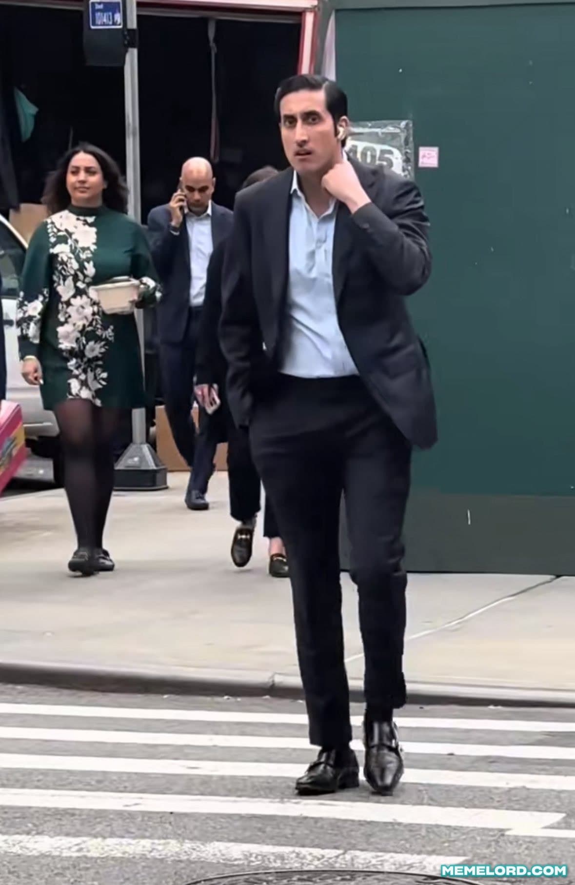 Chirayu Rana walking on the street - JPMorgan Banker meme template