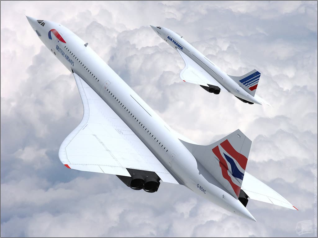 Two white Concorde supersonic airliners fly upward through pale clouds, with British Airways markings on the larger foreground jet and Air France markings on the smaller jet behind it.