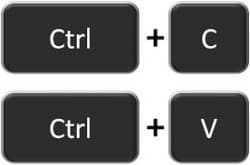 Two rows of keyboard keys: Ctrl + C on top and Ctrl + V below, representing the standard copy-and-paste shortcuts.