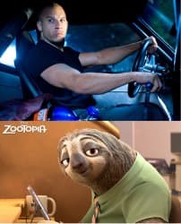 Flash the sloth from Zootopia sitting at a DMV counter with a slow, vacant smile while a frustrated customer waits across from him
