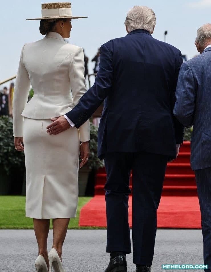Donald Trump giving Melania a playful tap on the tush meme template