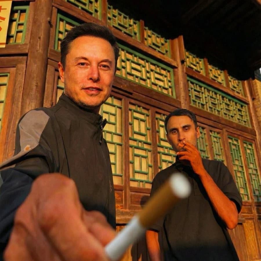Elon Musk and Nikita offering a cigarette