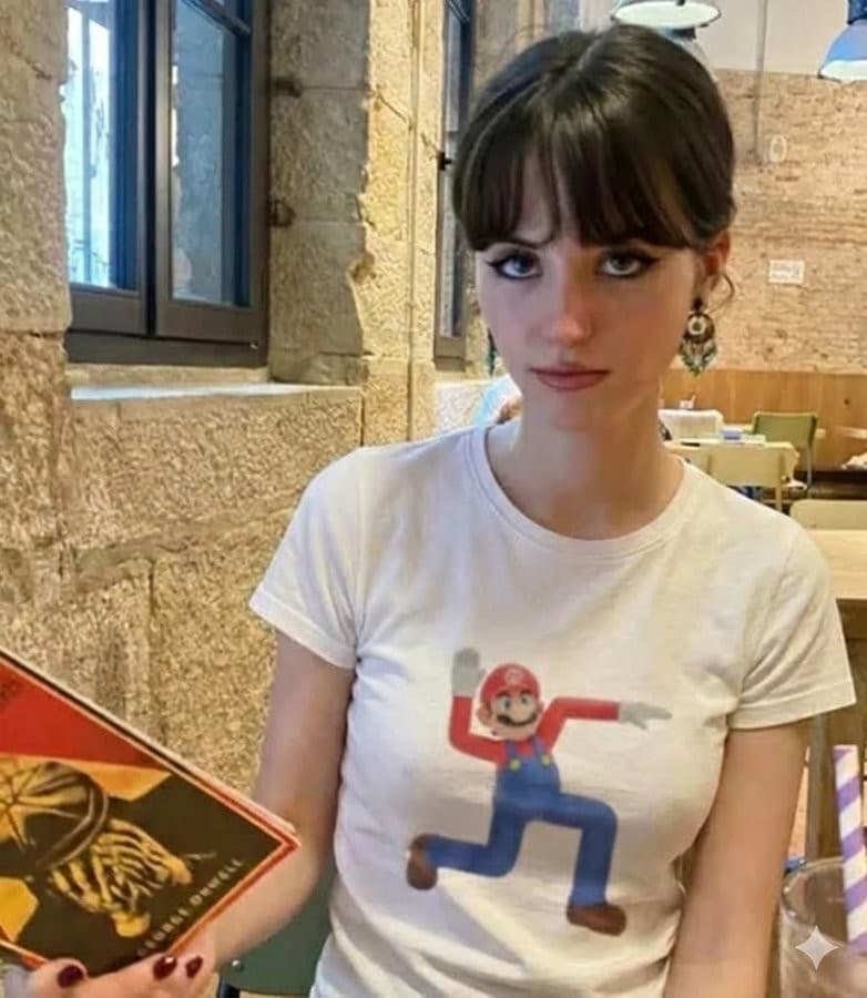 Girl with a mario t-shirt looking at you Meme Template