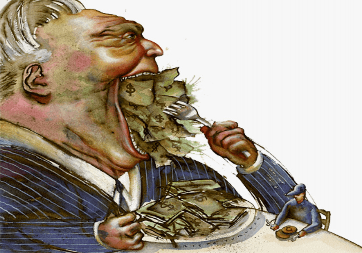 A satirical illustration of a huge suited executive eating dollar bills with a fork while a tiny worker sits at the same table beside a small plate of food.