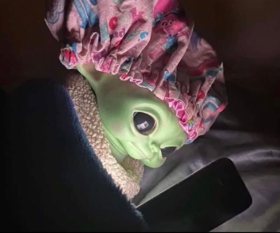 Grogu looking at phone Meme Template