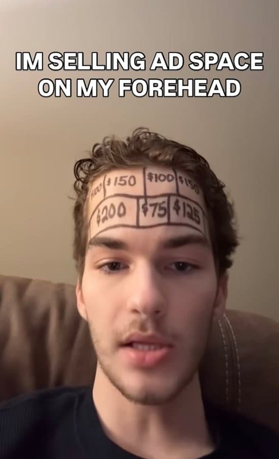 Guy selling ad space on his forehead meme template