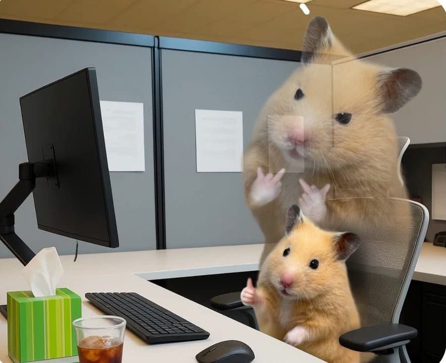 Hamster pretending in an office cubicle