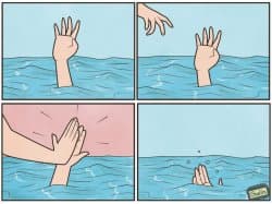 A four-panel comic by Anton Gudim. A hand reaches desperately out of blue water, another hand reaches down, they high-five instead of grabbing, and the drowning hand sinks below the surface leaving only bubbles.