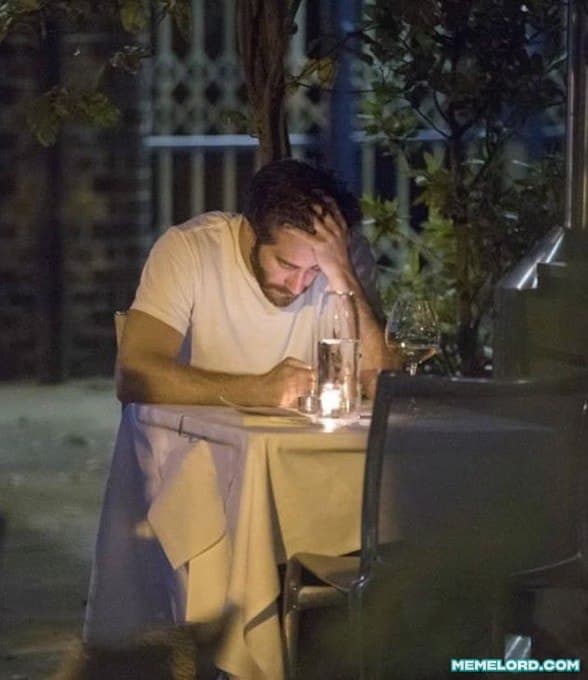 Jake Gyllenhaal eating alone meme template