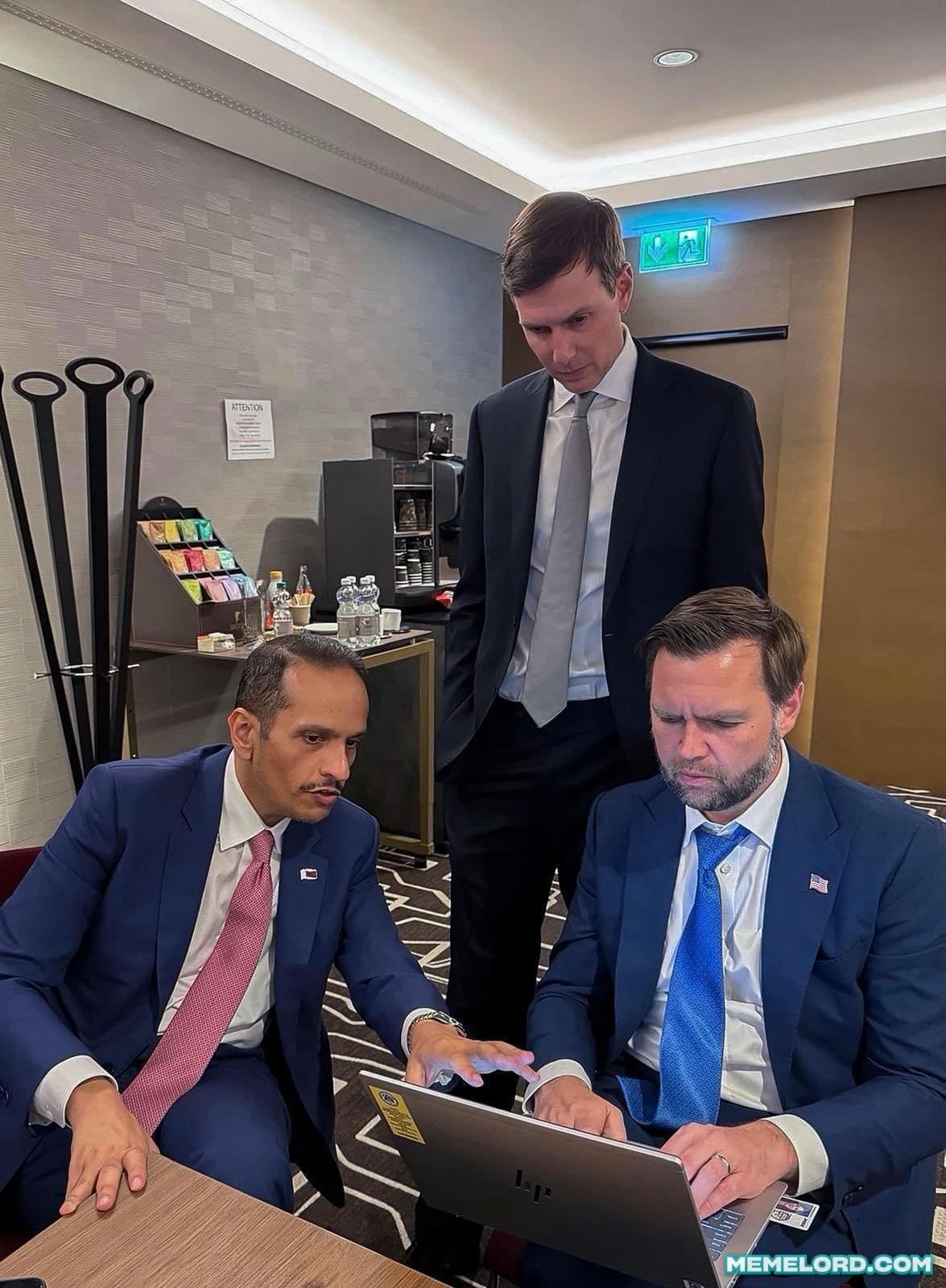JD Vance on a laptop with Jared Kushner and Qatar's PM meme template