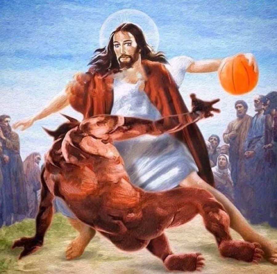 Jesus Crossing Up Satan Basketball
