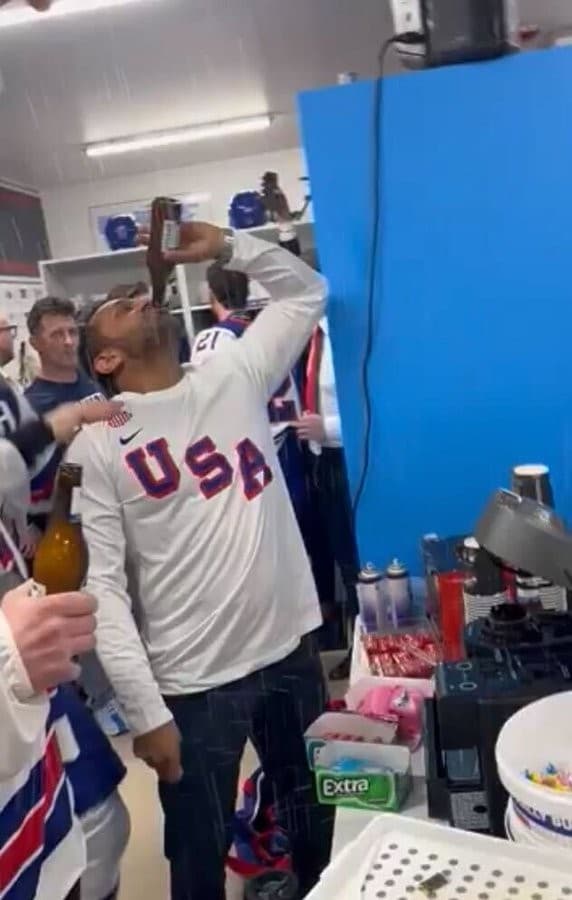 Kash Patel drinking at the Olympics celebration meme template