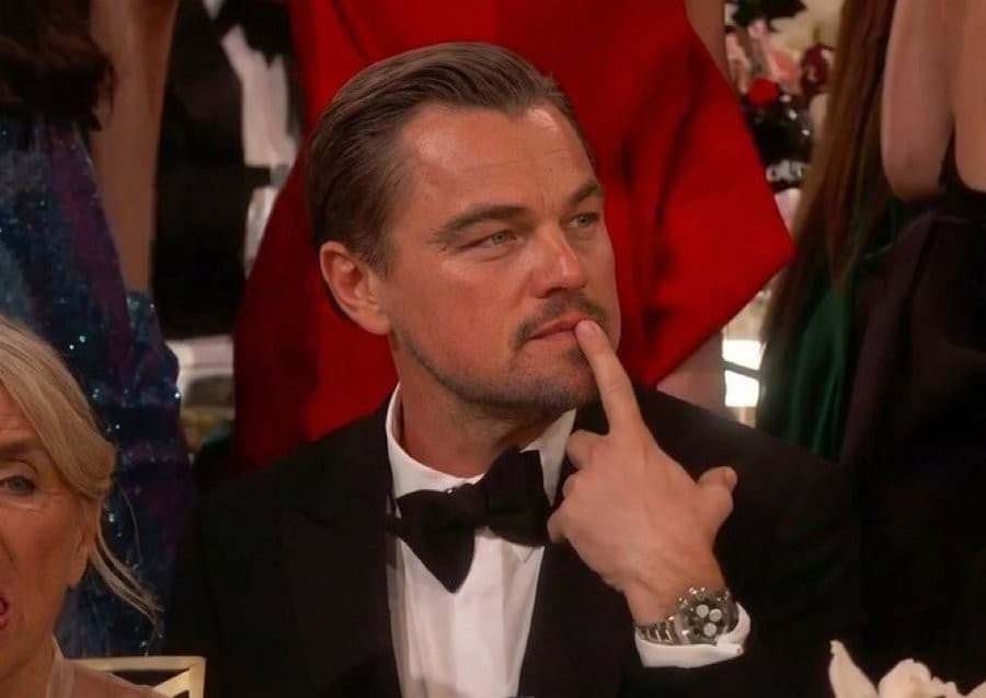 Leonardo DiCaprio finger on lips 2026 Golden Globes Meme Template
