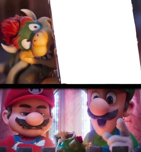 Mario Galaxy It's Trash blank meme template with an editable picture held above Mario and Luigi