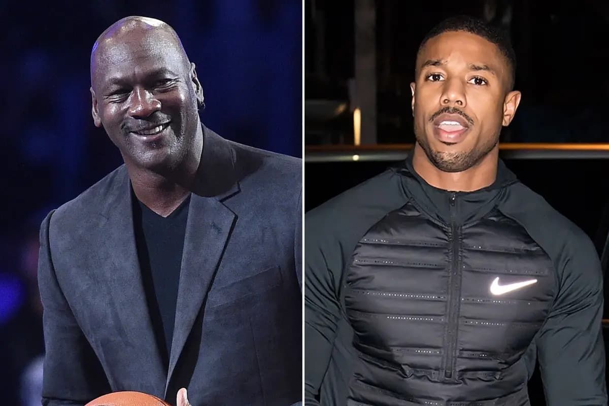 A side-by-side portrait comparison: basketball player Michael Jordan smiles on the left while actor Michael B. Jordan looks toward the camera on the right.