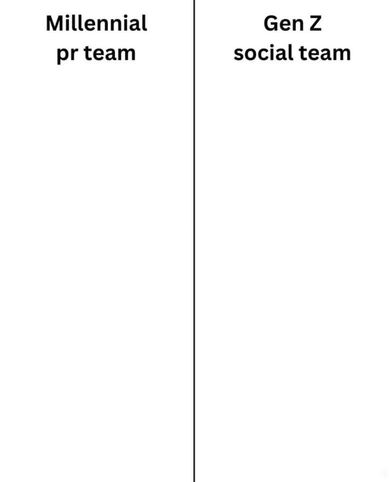 A tall white graphic split by a thin black vertical line. Top left reads “Millennial pr team” in black sans-serif; top right reads “Gen Z social team.” The rest of each column is blank white. No product or extra caption is baked in.